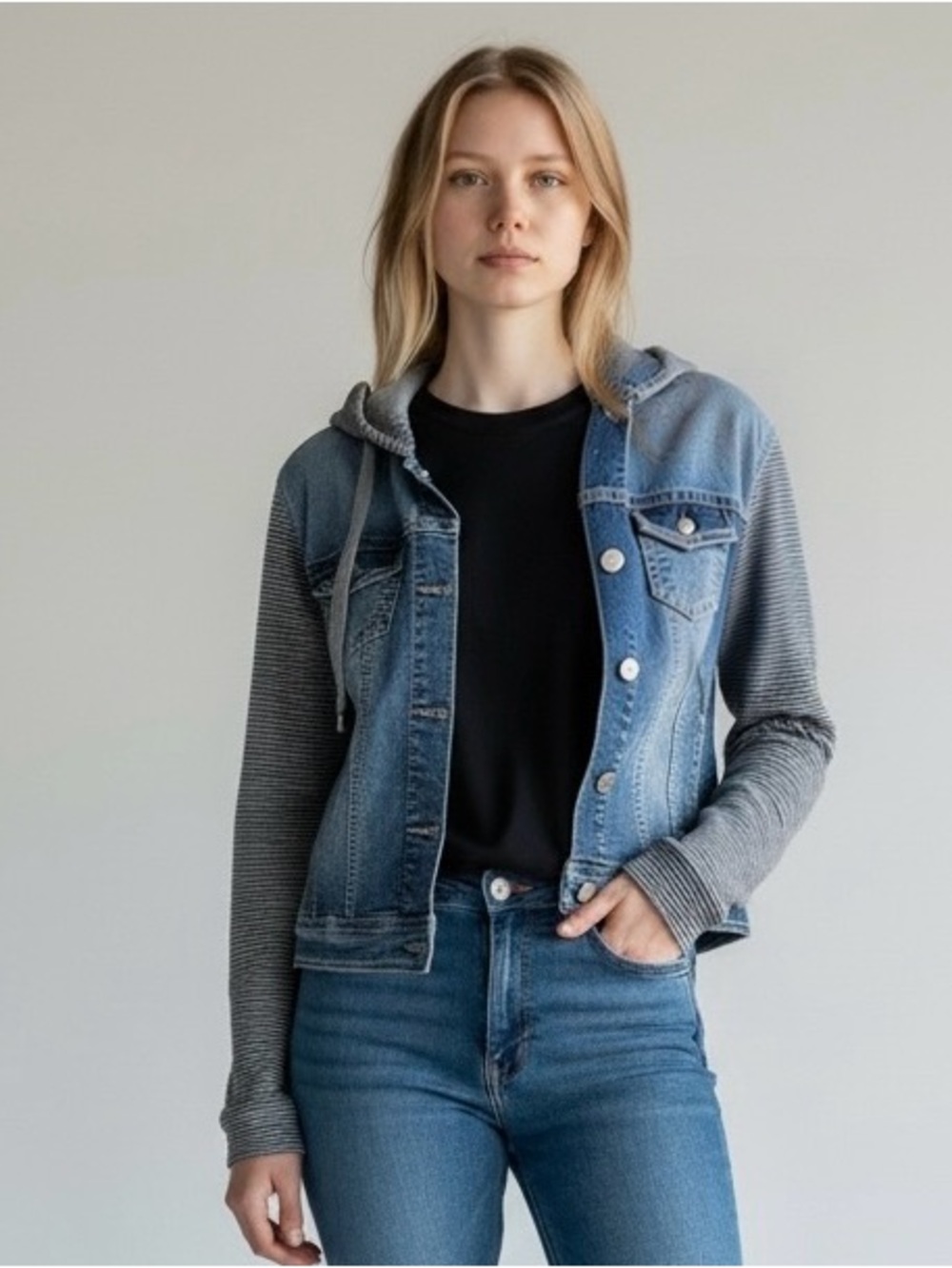 WallFlower Denim Jacket XL Blue Striped Knit Sleeves Plush Fleece Hooded Trucker